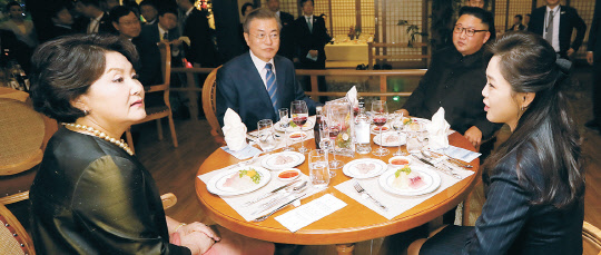 대동강 수산물 식당 만찬 평양남북정상회담 둘째날 문재인 대통령은 19일 저녁 북한을 대표하는 식당 중 하나인 평양 대동강구역 '대동강 수산물 식당'을 찾아 김정은 국무위원회 위원장 내외와 만찬을 하고 있다.